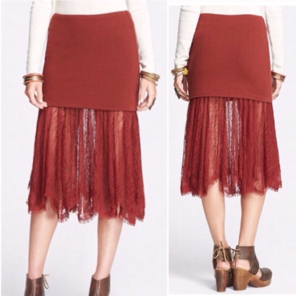 Free People burnt orange knit and sheer lace boho skirt